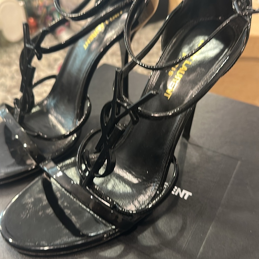 Saint Laurent Glossy Black Strappy Heels - Picture 17 of 17